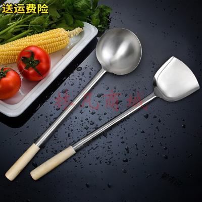 大锅铲炒菜铲子食堂厨师炒菜勺不锈钢家用锅铲加厚长柄炒勺厨具 木柄不锈钢镜面锅铲（3号)炒菜铲
